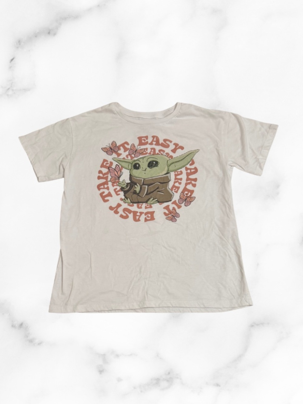 Girls Baby Yoda "Take it Easy" White T-Shirt with Pink Letters